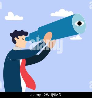 Business person looking through telescope to the future for business growth or forecasting concept , Sales person looking for sales leads concept, Bus Stock Vector