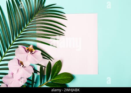 Natural Creativec layout made of tropical leaves and flowers Stock Photo