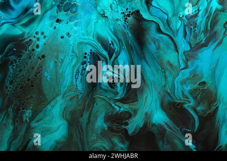 Fluid Art. Green and blue abstract wave swirls on black background. Marble effect background or texture Stock Photo