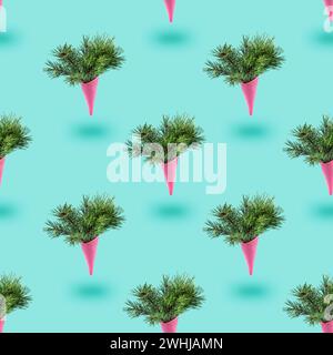 Modern christmas seamless texture with Painted pink ice cream cone with fluffy fir branches levitate Stock Photo