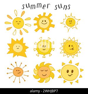Set of cute summer suns. Hand drawn smiley suns. Vector illustration Stock Vector