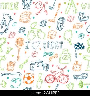 Seamless pattern with hand drawn sport equipment. I love sport. Vector illustration Stock Vector