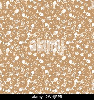 Seamless pattern with fishes and footprints of cat. Vector illustration Stock Vector