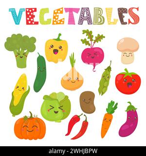 Cute kawaii smiling vegetables. Healthy style collection. Vector illustration Stock Vector