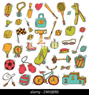 Set of sport icons in sketch style. Hand drawn sport equipment. Vector illustration Stock Vector