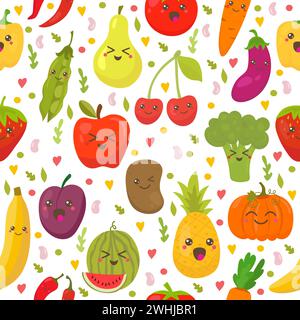 Seamless pattern with fresh vegetables and fruits. Vegetarian background. Healthy lifestyle. Vector illustration Stock Vector