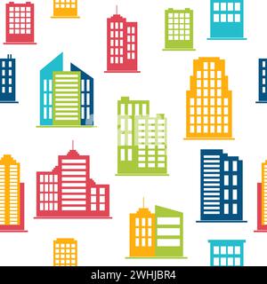 Building icons. Seamless pattern with city buildings. Vector illustration Stock Vector