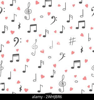 I love music. Music seamless pattern background. Hand drawn music notes and hearts. Vector illustration Stock Vector