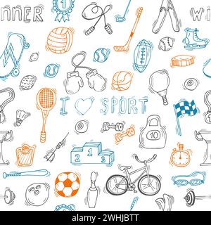 Seamless pattern with hand drawn sport equipment. Vector illustration Stock Vector