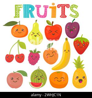 Cute kawaii smiling fruits. Healthy style collection. Vector illustration Stock Vector