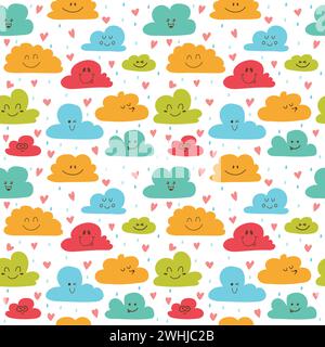 Cute hand drawn seamless pattern with clouds, drops and hearts. Funny background. Vector illustration Stock Vector