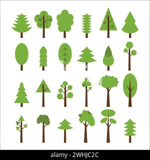 Set of flat icons tree. Green trees icons set. Vector illustration Stock Vector