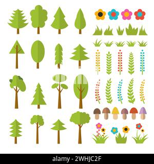 Set of flat forest elements. Include mushrooms, grass, berries, trees, flowers and branches. Vector illustration Stock Vector