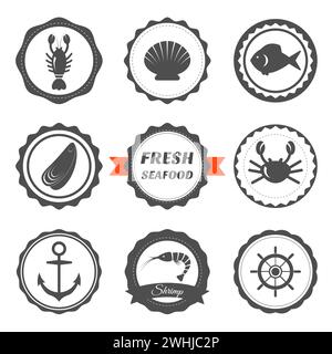 Set of seafood labels. Seafood logos and design elements. Vector illustration Stock Vector