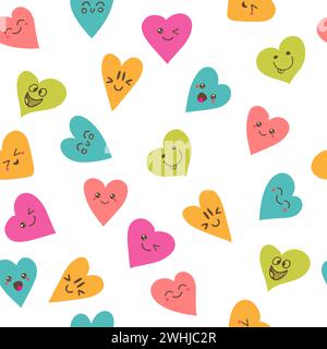 Seamless pattern with smiley hearts. Cute cartoon characters. Vector illustration Stock Vector