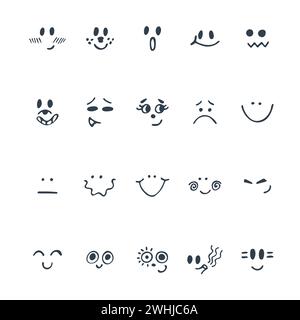 Sketched facial expressions set. Set of hand drawn funny cartoon faces ...