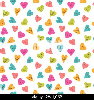 Seamless pattern with funny smiley hearts. Cute cartoon characters. Vector illustration Stock Vector