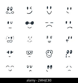 Set of hand drawn funny smiley faces. Happy kawaii style. Sketched ...