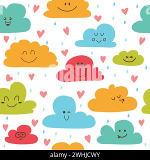 Cute hand drawn seamless pattern with clouds, drops and hearts. Vector illustration Stock Vector