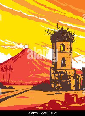 Mayon Volcano and Cagsawa Ruins Bell Tower Albay Philippines WPA Art Deco Poster Stock Photo