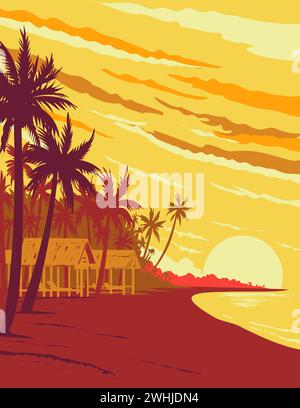 Beach in Phu Quoc Island During Sunset in Kien Giang Province Vietnam WPA Art Deco Poster Stock Photo