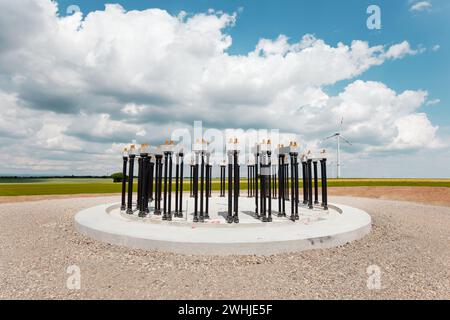 Building wind turbines. metalwork in the foundation of a wind turbine base. WÃ¶rrstadt, Germany Stock Photo