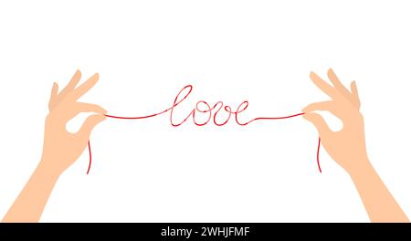 Two hands holding a red thread forming the word 'love', isolated on a white background. Flat vector illustration Stock Vector