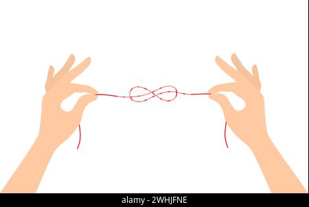 Two hands holding a red thread tied into a knot in the shape of an infinity sign, isolated on a white background. Flat vector illustration Stock Vector