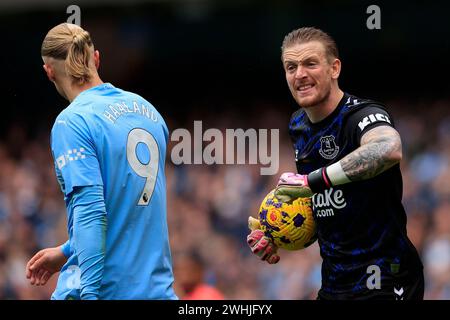 Jordan Pickford Of Everton Gestures To Erling Haaland Of Manchester ...