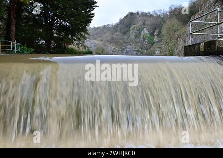 On a damp and wet afternoon World Famous Cheddar Goughs Cave is Closed to the Public Temporarily due to flooding by the River Yeo which flows under ground and out through into the rest of the village and controlled by flood gates. Picture Credit Robert Timoney/AlamyLiveNews Stock Photo