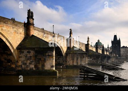 Prague, Czech Republic. 10th Feb, 2024. View of Charles Bridge during winter sunny day on February 10, 2024. Charles Bridge in Prague is one of the top tourist destinations of the Czech Republic. (Credit Image: © Slavek Ruta/ZUMA Press Wire) EDITORIAL USAGE ONLY! Not for Commercial USAGE! Stock Photo
