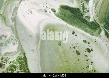 Acrylic Fluid Art. Natural Green colors flow on canvas. Digital decor. Abstract stone background or texture Stock Photo