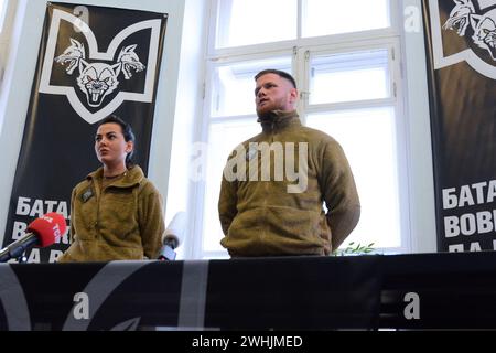 Serhiy Filimonov (call sign Filya) (R), an officer of the Armed Forces of Ukraine since February 6, 2024, the commander of the 'Da Vinci Wolves' battalion during the opening of the recruiting center for the recruitment of volunteers, Kyiv on February 10, 2024 Stock Photo