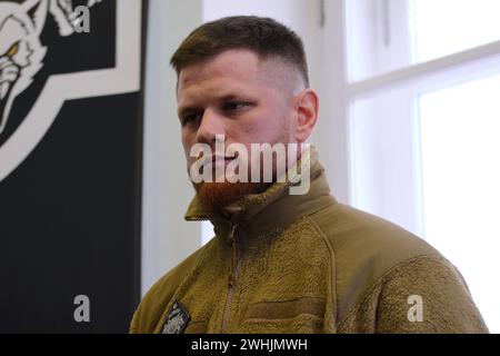Kyiv, Ukraine. 10th Feb, 2024. Serhiy Filimonov (call sign Filya) an officer of the Armed Forces of Ukraine is a commander of the 'Da Vinci Wolves' battalion and is seen during the opening of the recruiting center for the recruitment of volunteers. Fighters of the 'Da Vinci Wolves' battalion announced the opening of a recruiting center for the recruitment of fighters to resist Russia's military aggression in Kyiv. (Photo by Aleksandr Gusev/SOPA Images/Sipa USA) Credit: Sipa USA/Alamy Live News Stock Photo