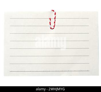 Piece of white paper in a line and a red paper clip on a white background Stock Photo