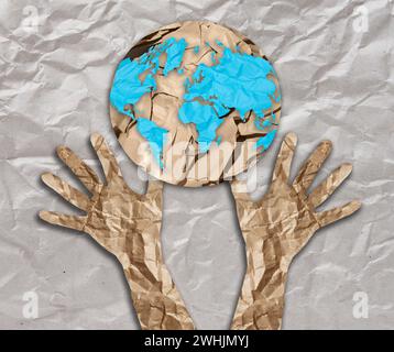 Hands cut out of crumpled paper are raised to the shape of a globe. The concept of environmental conservation, ecology Stock Photo