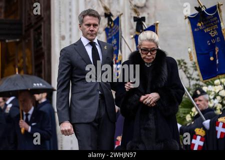 Vittorio Emanuele funeral Marina Doria of Savoy R, widow of Vittorio Emanuele of Savoy, and Emanuele Filiberto of Savoy, son of Vittorio Emanuele of Savoy, exit the Turin Cathedral following the funeral ceremony of Vittorio Emanuele of Savoy. Vittorio Emanuele of Savoy was the son of Umberto II of Savoy, the last king of Italy, and he died in Geneva on February 3, 2024. Turin Italy Copyright: xNicolòxCampox Stock Photo