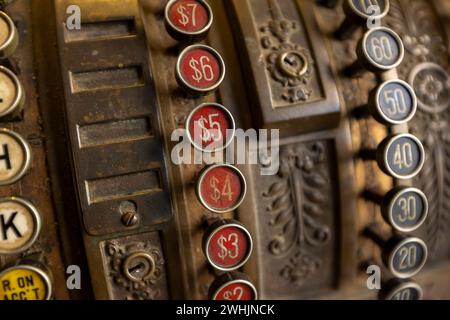 Old Cash Register in close up shot. Antique style cashier register with numbers and details Stock Photo