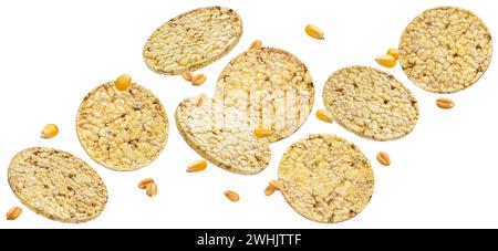 Corn biscuits, puffed rice and corn cakes isolated on white background Stock Photo