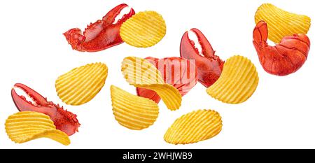 Falling ridged potato chips with lobster isolated on white background Stock Photo
