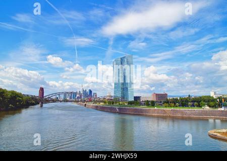 Skyline of Frankfurt, river Main with the European central bank - ECB, financial centre in Germany. Stock Photo
