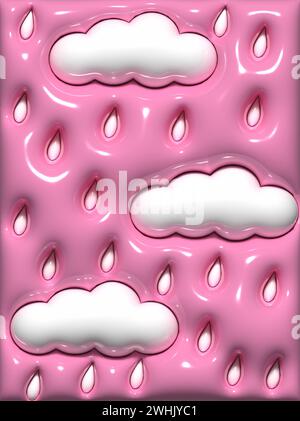 Abstract pink background with white puffy clouds and drops, 3D rendering illustration Stock Photo