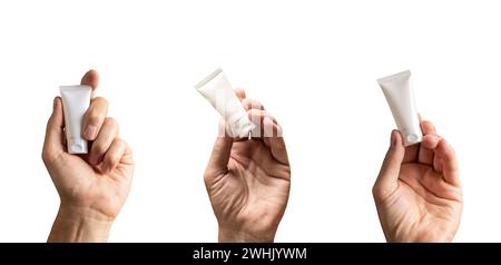 White blank cream tubes, cosmetic package mockups, beauty products in mens hands set isolated on white background Stock Photo