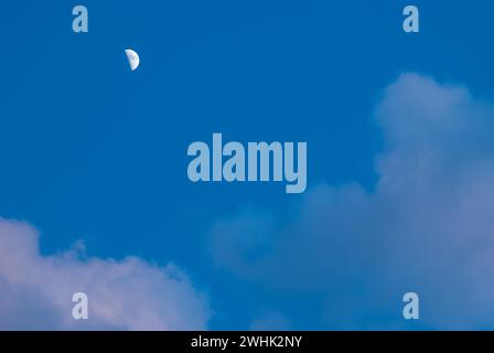 The waxing crescent moon stands bright in a deep blue evening sky with cumulus clouds illuminated slightly pink by the sun, Lower Saxony, Germany Stock Photo
