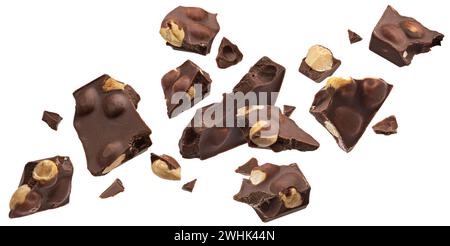 Dark chocolate chunks with hazelnut isolated on white background Stock Photo