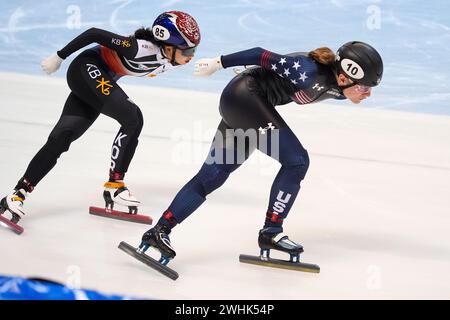 Dresden, Germany. 10th Feb, 2024. DRESDEN, GERMANY - FEBRUARY 10: Jiwon Park of Korea, Corinne Stoddard of USA during the ISU World Cup Short Track Speed Skating 5 Dresden at JOYNEXT Arena on February 10, 2024 in Dresden, Germany. (Photo by Andre Weening/Orange Pictures) Credit: Orange Pics BV/Alamy Live News Stock Photo