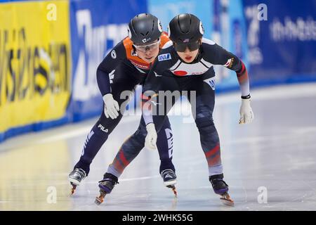 Dresden, Germany. 10th Feb, 2024. DRESDEN, GERMANY - FEBRUARY 10: Oorschot Diede Van of The Netherlands, Mirei Nakashima of Japan during the ISU World Cup Short Track Speed Skating 5 Dresden at JOYNEXT Arena on February 10, 2024 in Dresden, Germany. (Photo by Andre Weening/Orange Pictures) Credit: Orange Pics BV/Alamy Live News Stock Photo