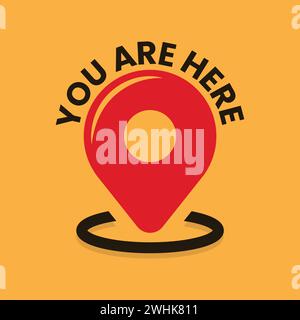 Location vector icon sign and symbol illustration with the lettering of You are here. Pointer flat vector art on yellow background. Stock Vector