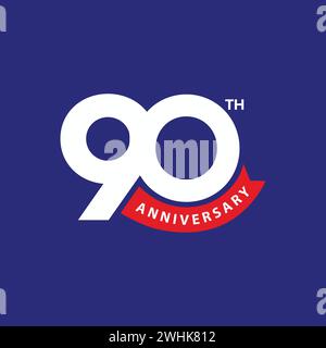 90 years anniversary template design with red ribbon on blue background. 90th anniversary celebration event, invitation card, greeting card, banner Stock Vector