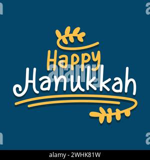 Happy Hanukkah vector illustration on blue background. Hanukkah typography and lettering greeting card. Hand drawn typography template. Stock Vector